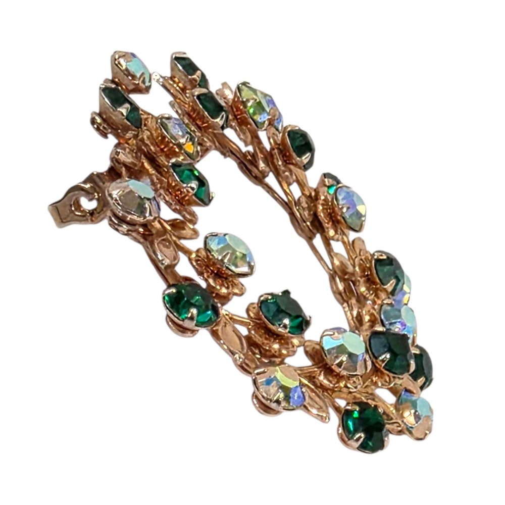Vintage Emerald Green Aurora Borealis Rhinestone Wreath Gold Tone Brooch Pin - Picture 2 of 5